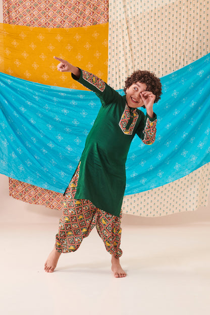 Boy Patola Dhoti Kurta Set-Green