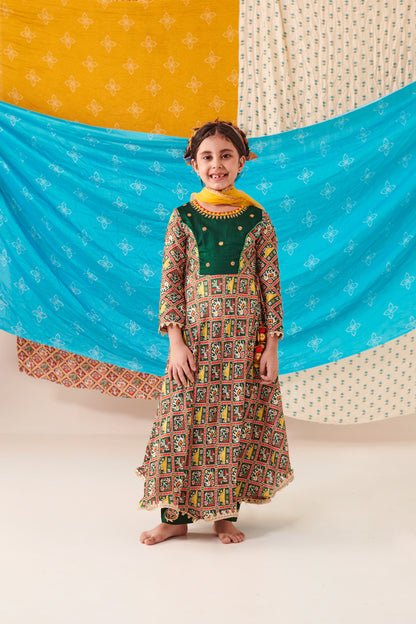 Girl 3pc Patola Anarkali Kurta Set-Bottle Green