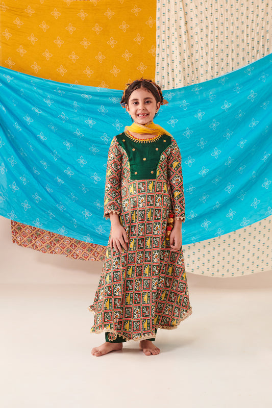 Girl 3pc Patola Anarkali Kurta Set-Bottle Green