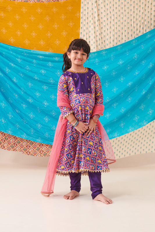 Girl 3pc Patola Anarkali Kurta Set-Purple