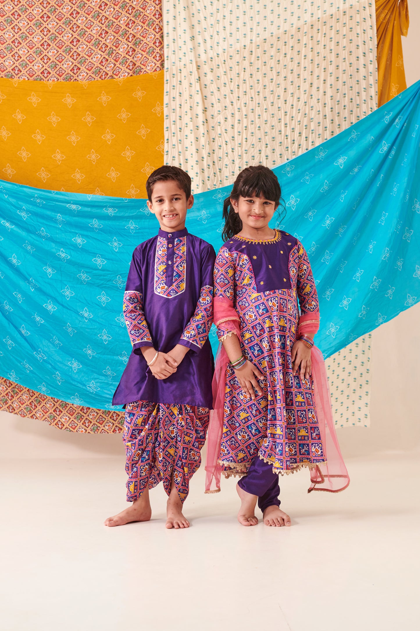 Girl 3pc Patola Anarkali Kurta Set-Purple