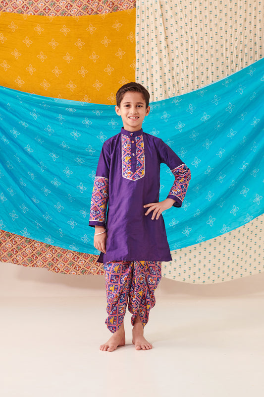 Boy Patola Dhoti Kurta Set-Purple