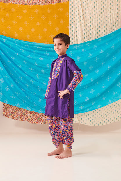 Boy Patola Dhoti Kurta Set-Purple