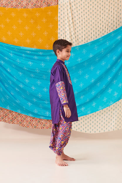 Boy Patola Dhoti Kurta Set-Purple