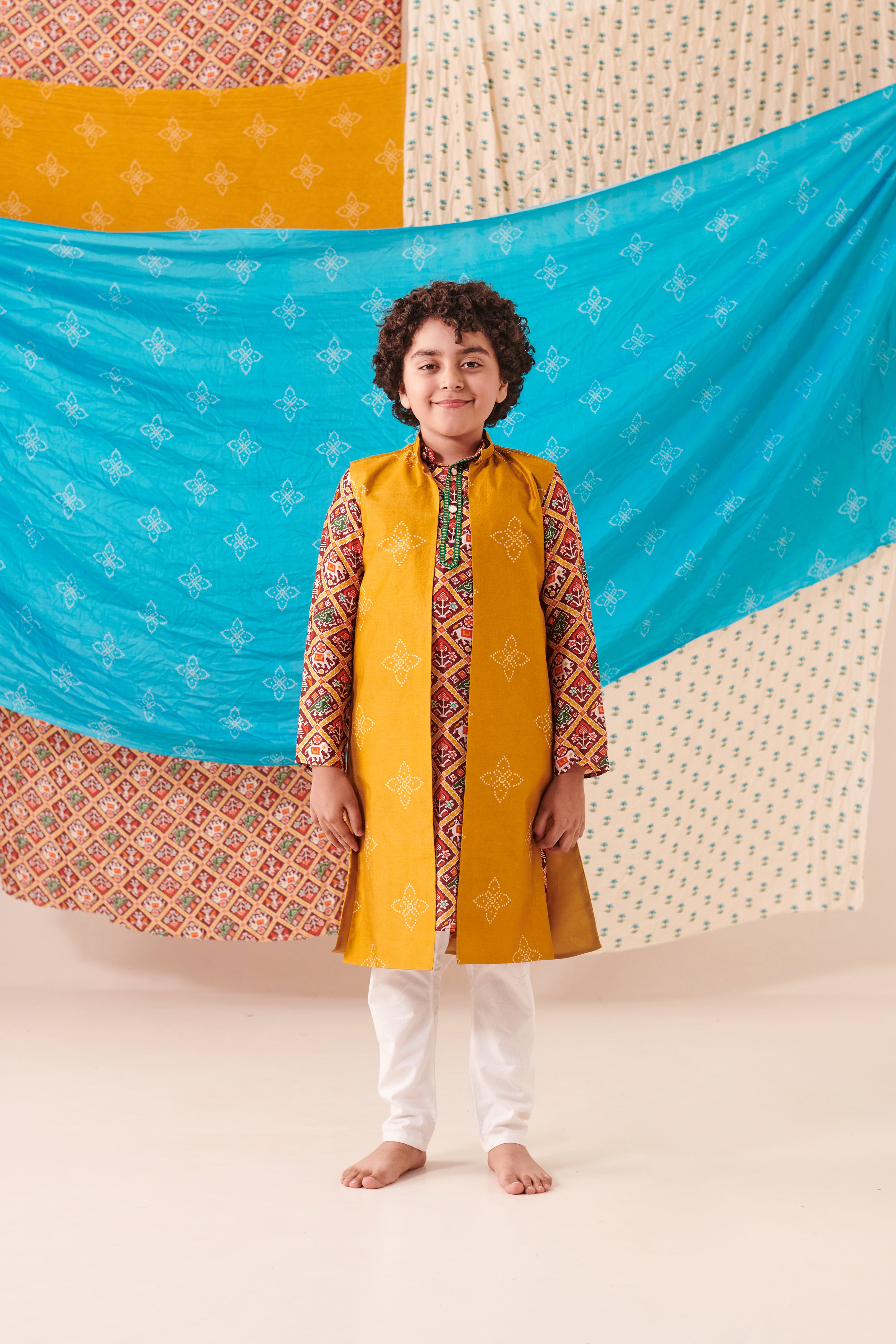 Boy Bandhani Open Bundi Set - Mustard