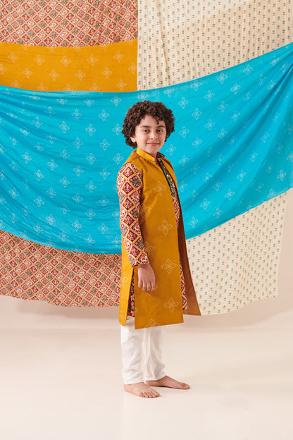 Boy Bandhani Open Bundi Set - Mustard