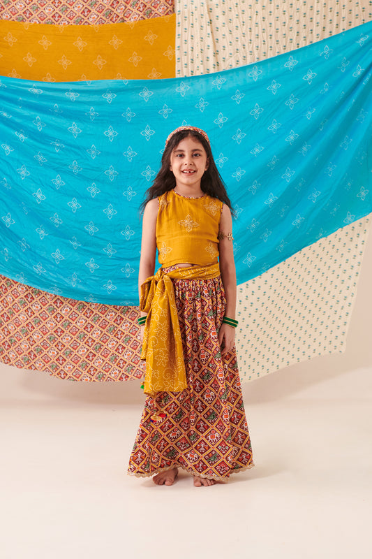 Girl Patola Skirt Set-Mustard