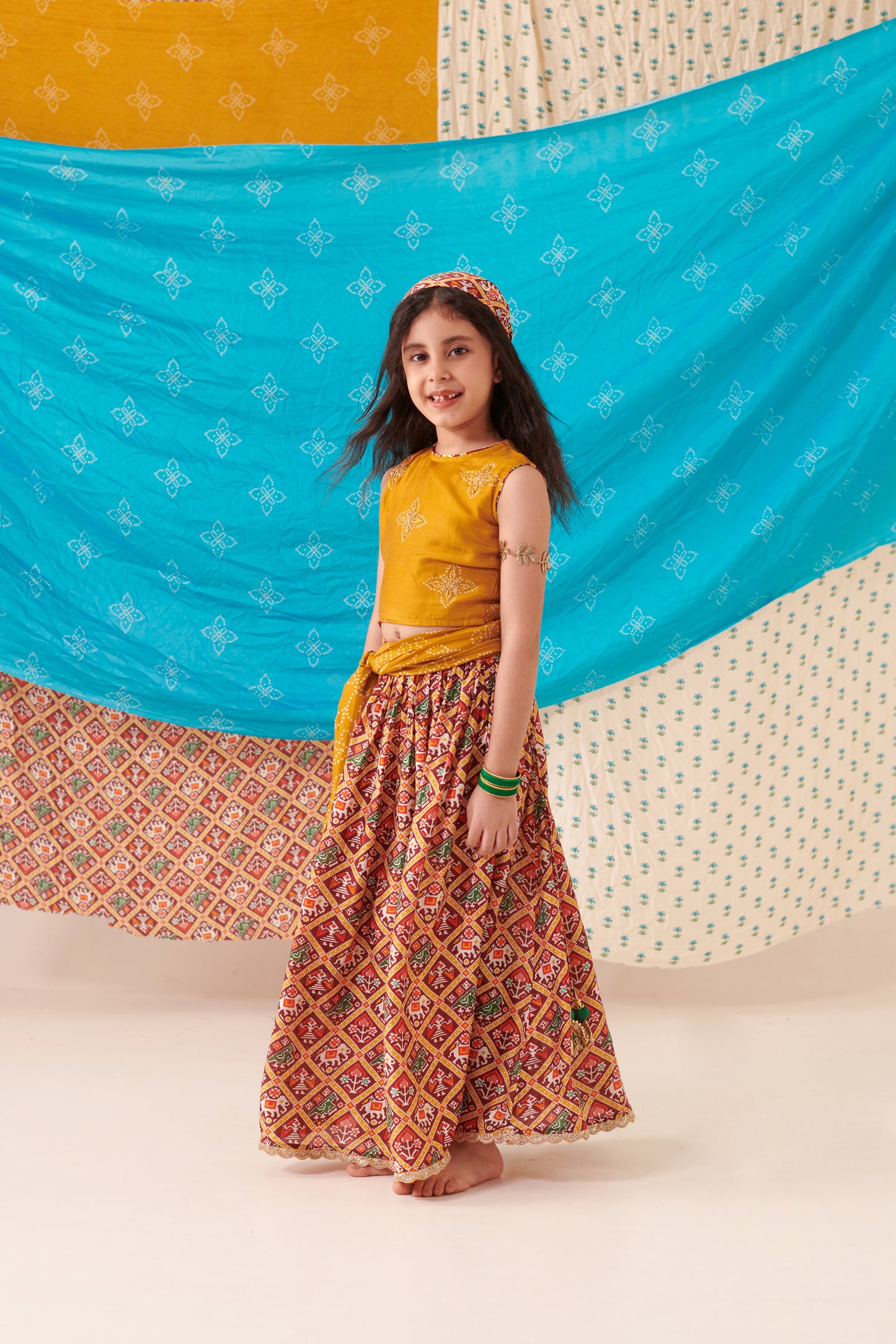 Girl Patola Skirt Set-Mustard