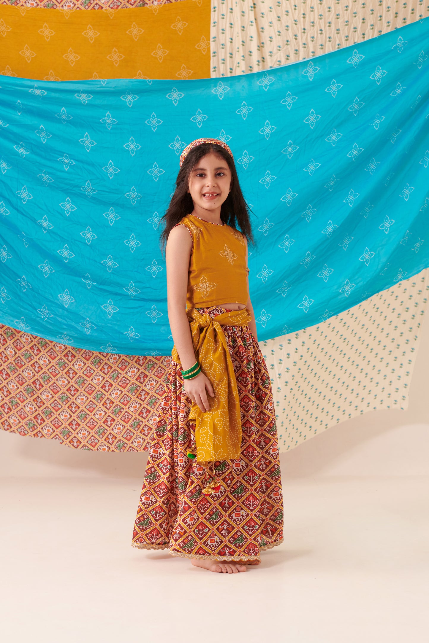 Girl Patola Skirt Set-Mustard