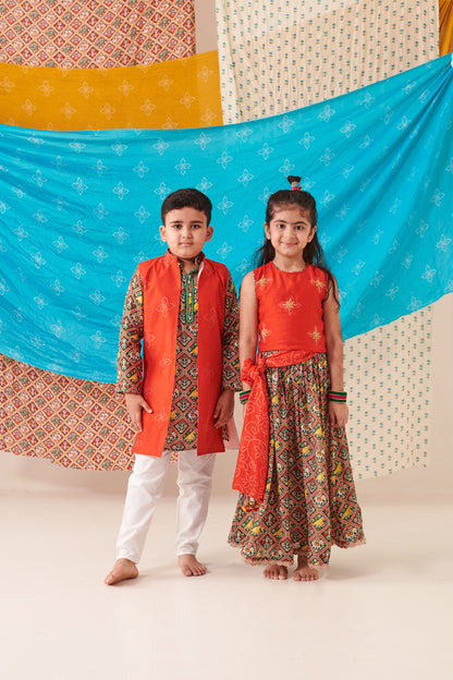 Boy Bandhani Open Bundi Set - Red