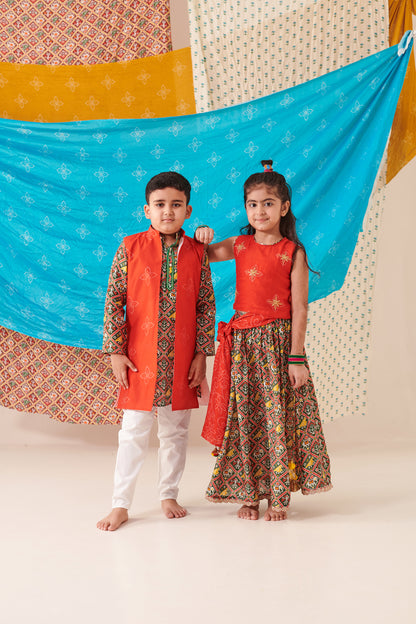 Boy Bandhani Open Bundi Set - Red