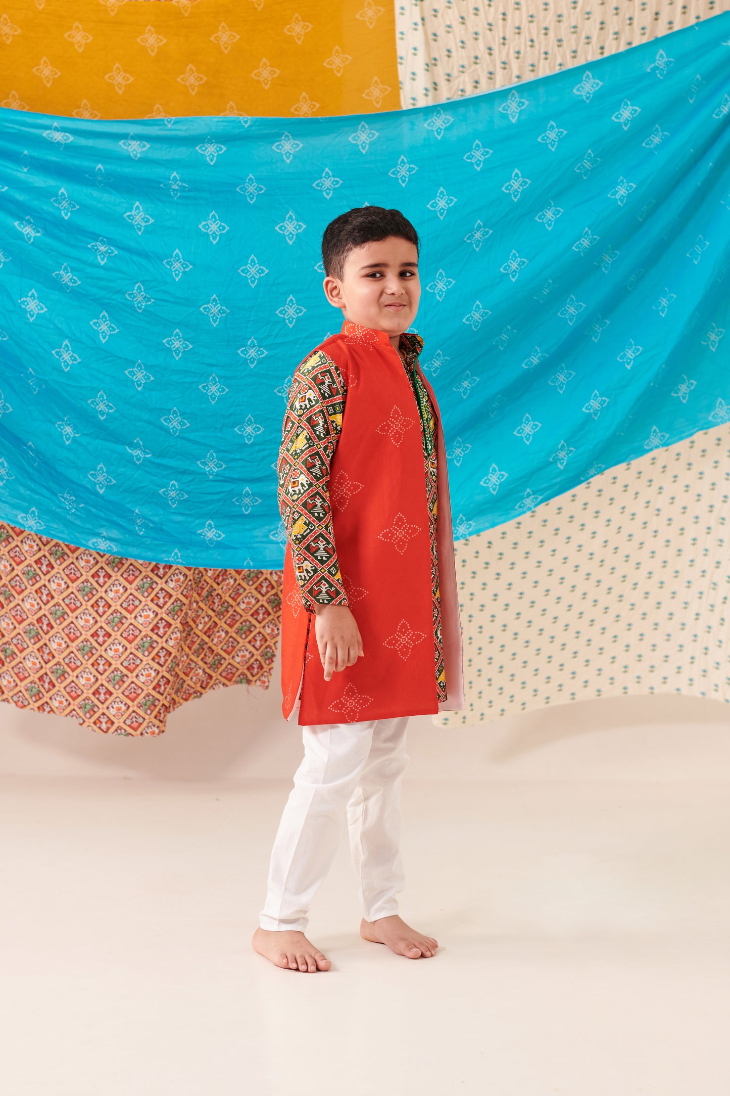 Boy Bandhani Open Bundi Set - Red