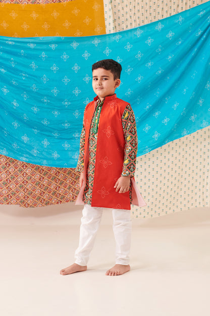 Boy Bandhani Open Bundi Set - Red