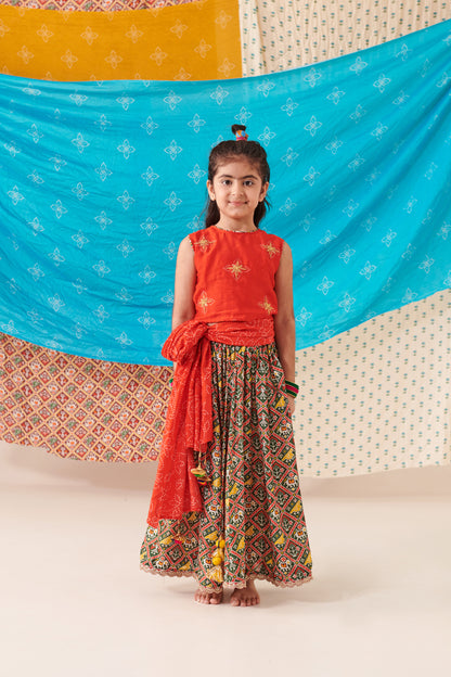 Girl Patola Skirt Set-Red