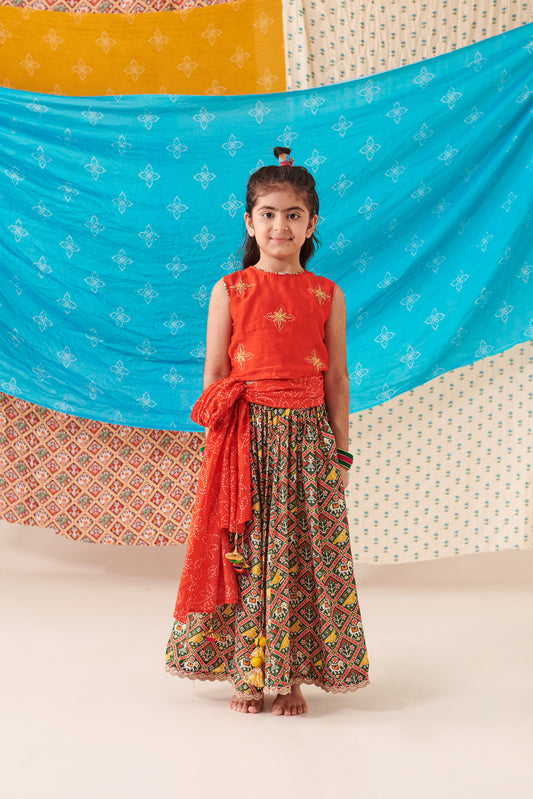 Girl Patola Skirt Set-Red