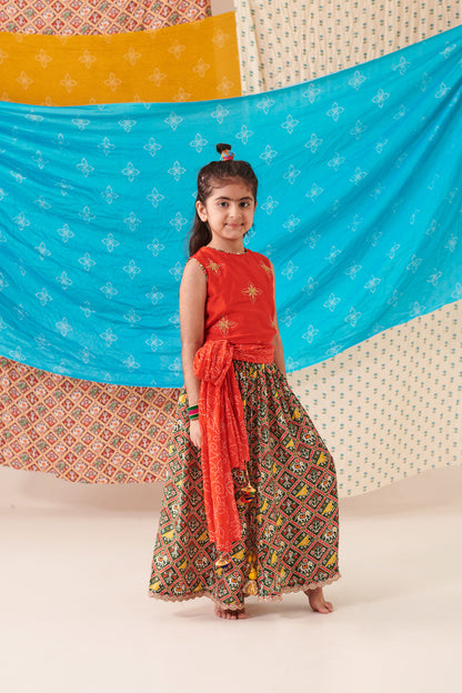 Girl Patola Skirt Set-Red