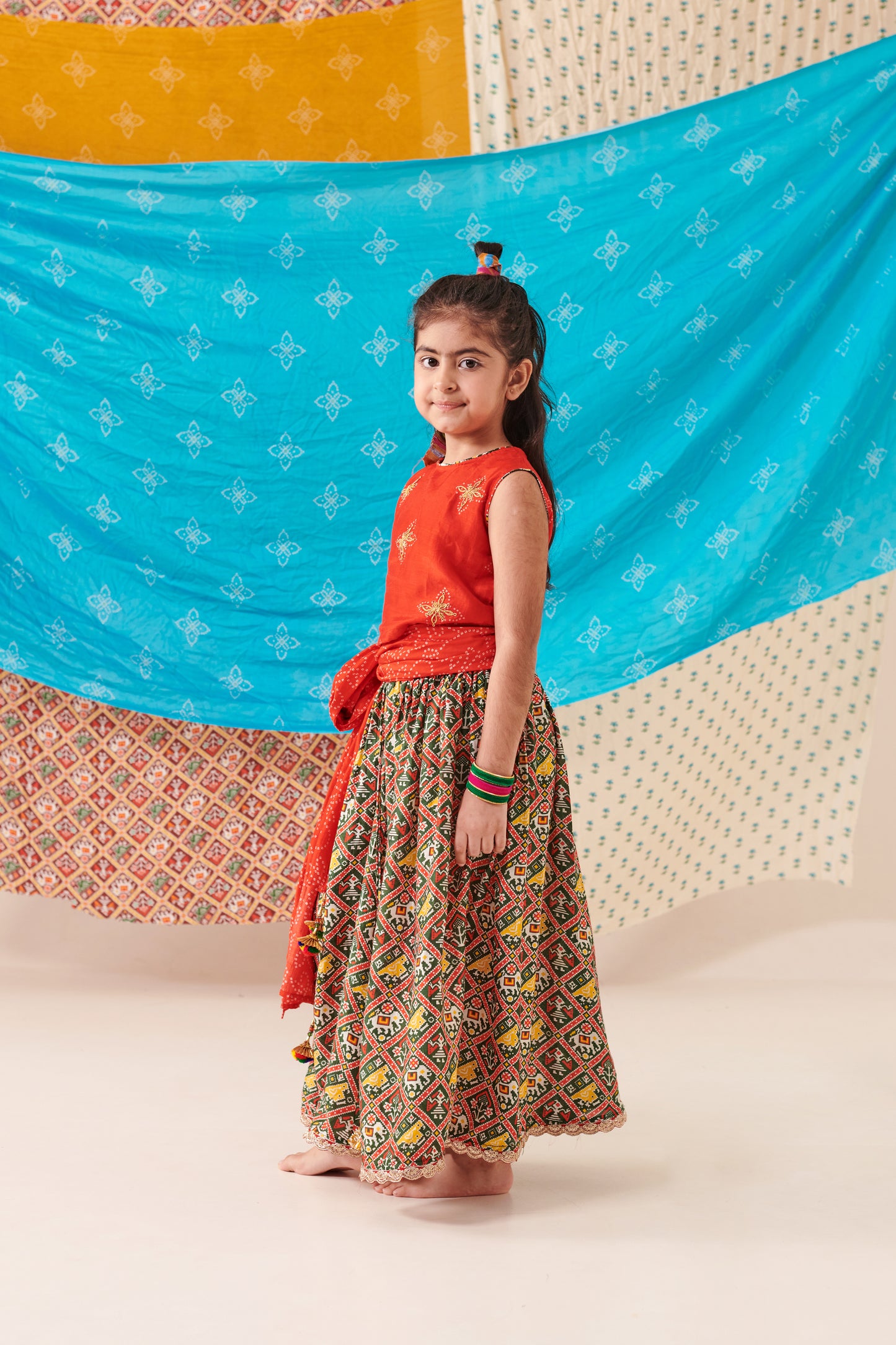 Girl Patola Skirt Set-Red