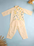 Boy Embroidered Cotton Kurta Set-beige