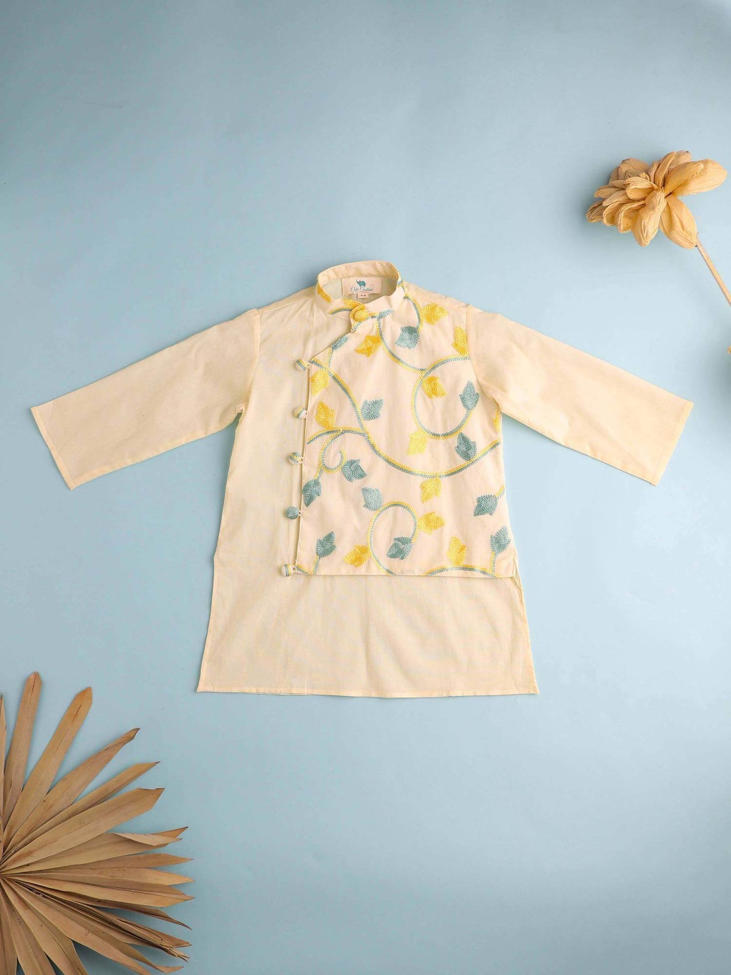 Boy Embroidered Cotton Kurta Set-beige