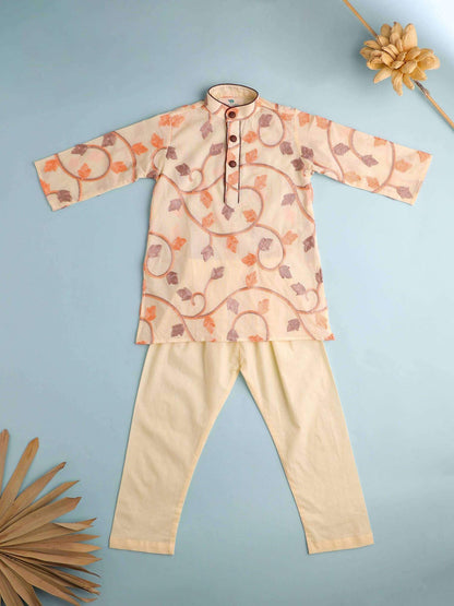 Boy Embroidered Cotton Kurta Set-beige