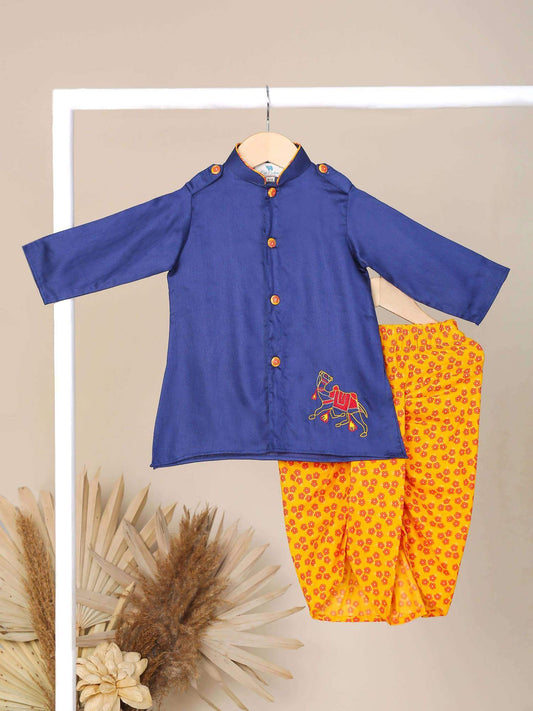 Boy Camel Embroidered Cotton Dhoti Kurta Set-navyblue