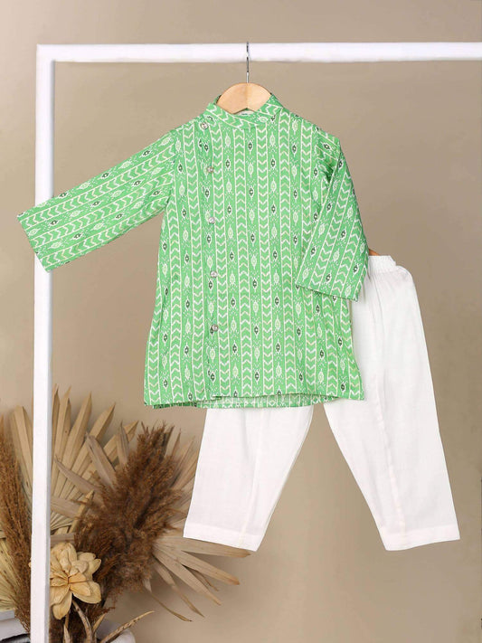 Boy Gold Foil Printed Churidar Set-green