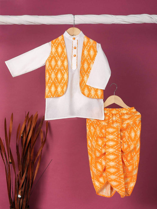 Boy Gold Print Dhoti Set-Orange