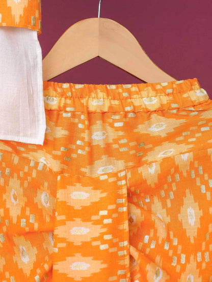 Boy Gold Print Dhoti Set-Orange