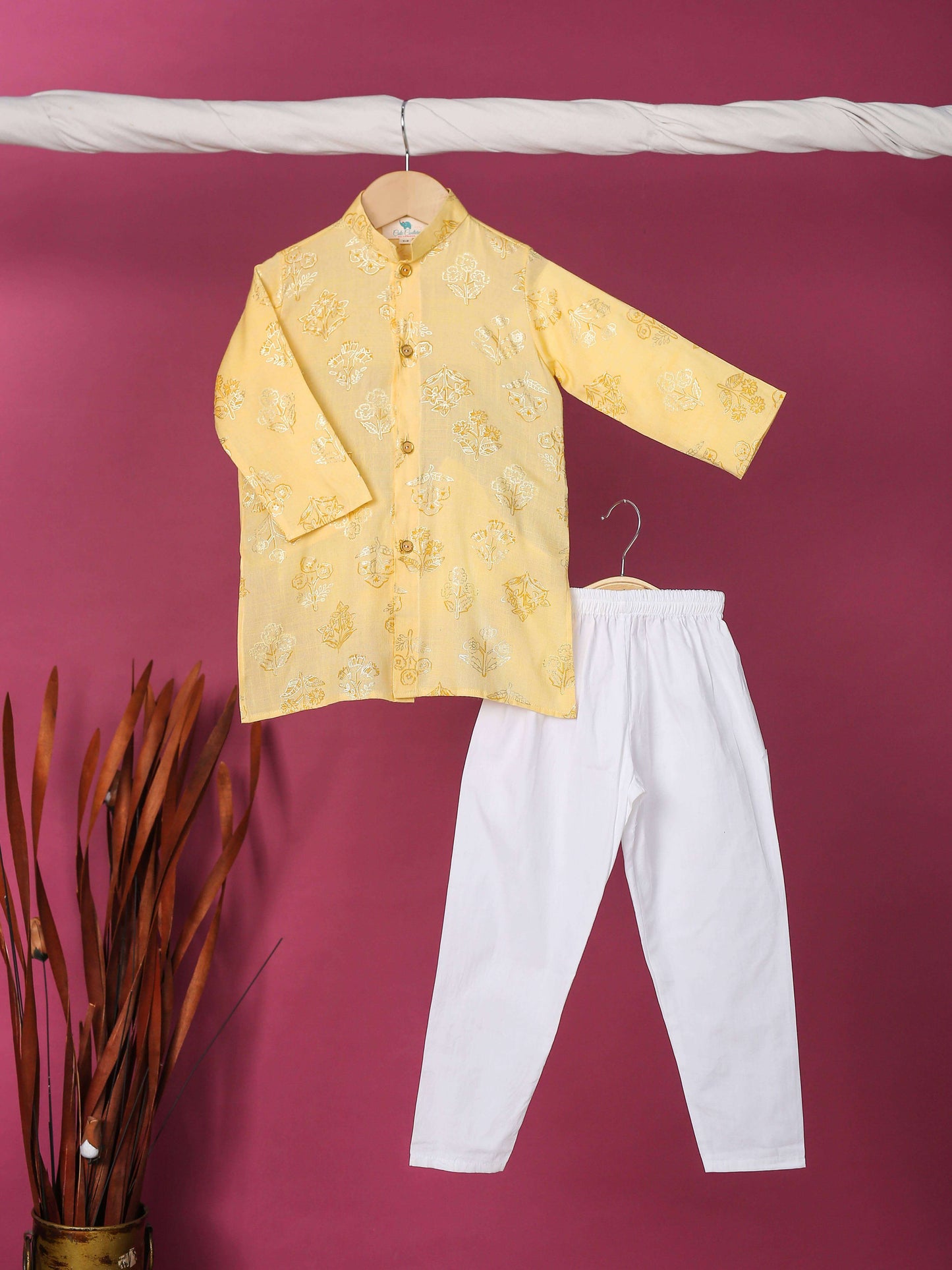 Boy Gold Foil Printed Churidar Set-yellow