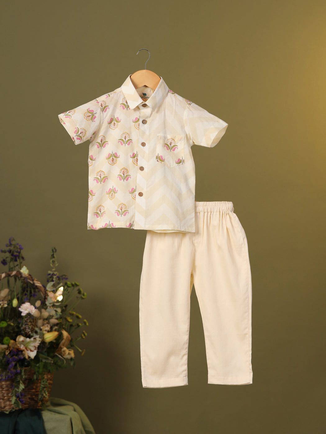 Boy Floral Shirt Set - Beige