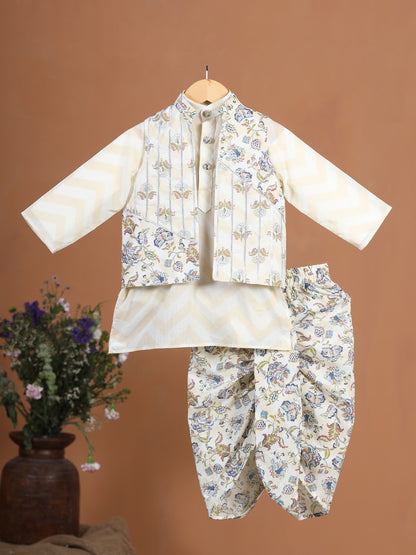 Boy Floral Dhoti Kurta Set - Beige