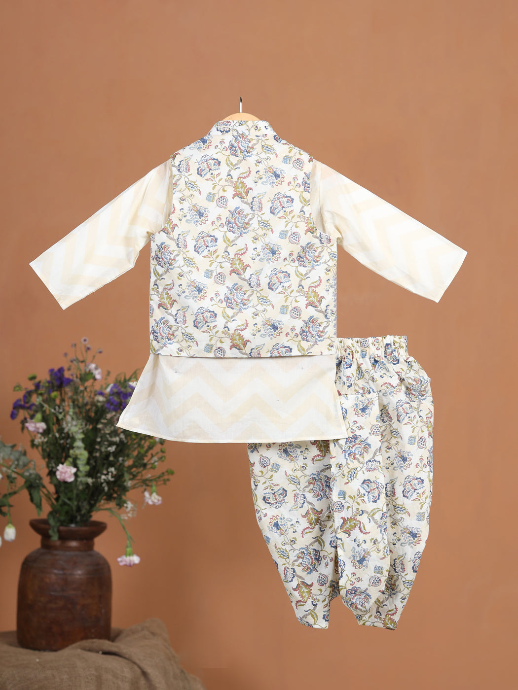 Boy Floral Dhoti Kurta Set - Beige