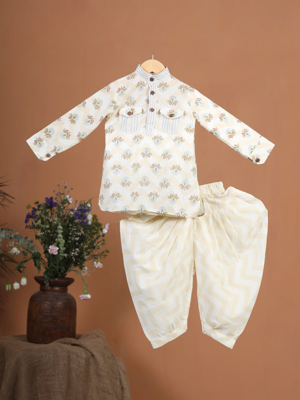 Boy Floral Kurta Set - Beige