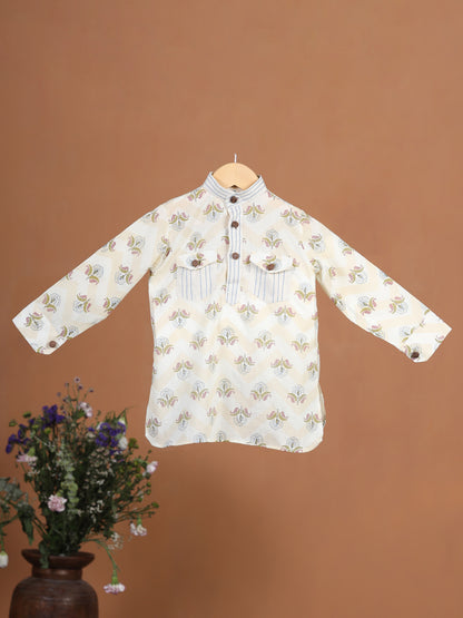 Boy Floral Kurta Set - Beige