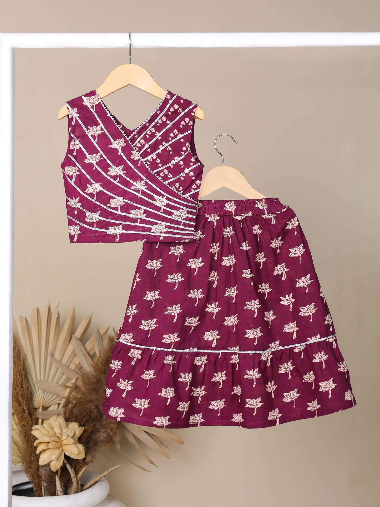 Girls Printed Skirt Set-Wine