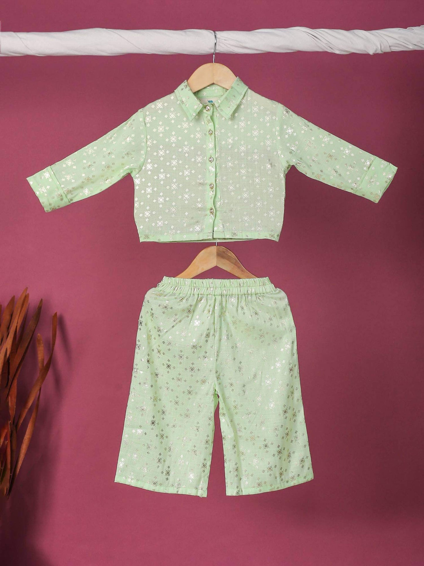 Girls Shirt And Pant Coord Set-Green