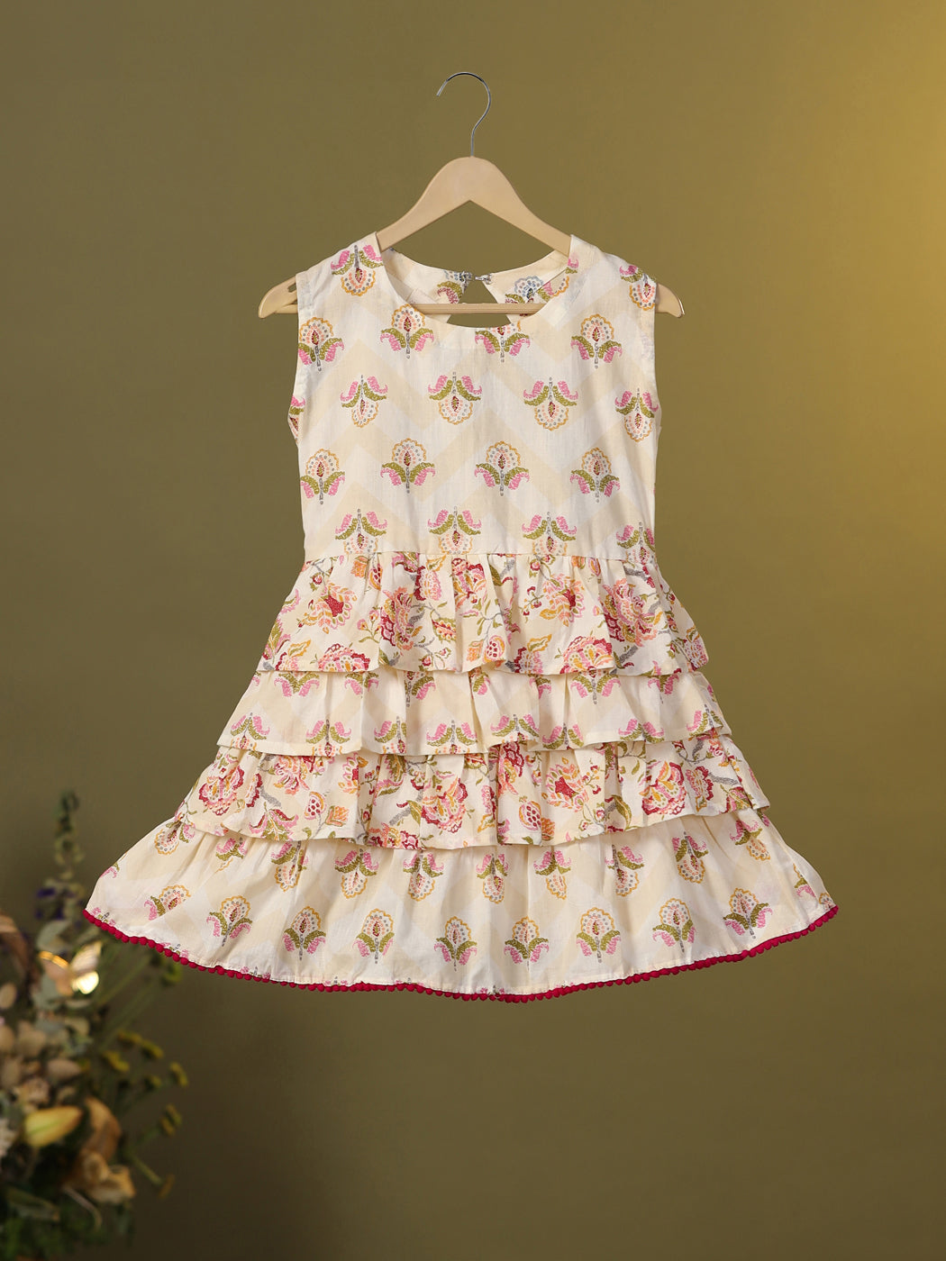 Girl Floral Tiered Frock - Beige