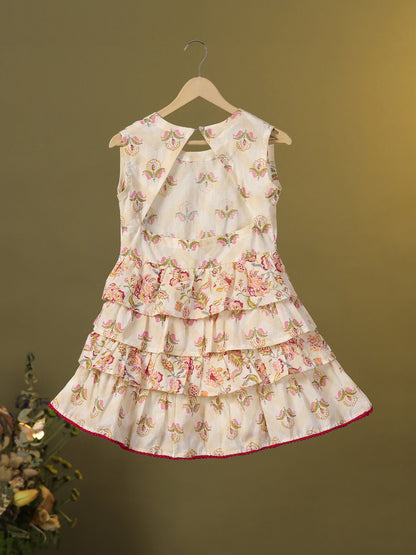 Girl Floral Tiered Frock - Beige