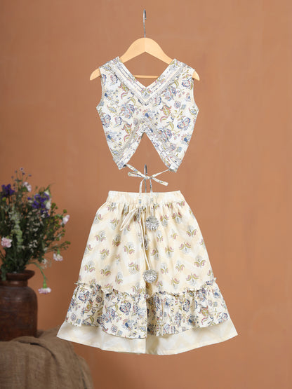 Girl Floral Skirt Set - Beige