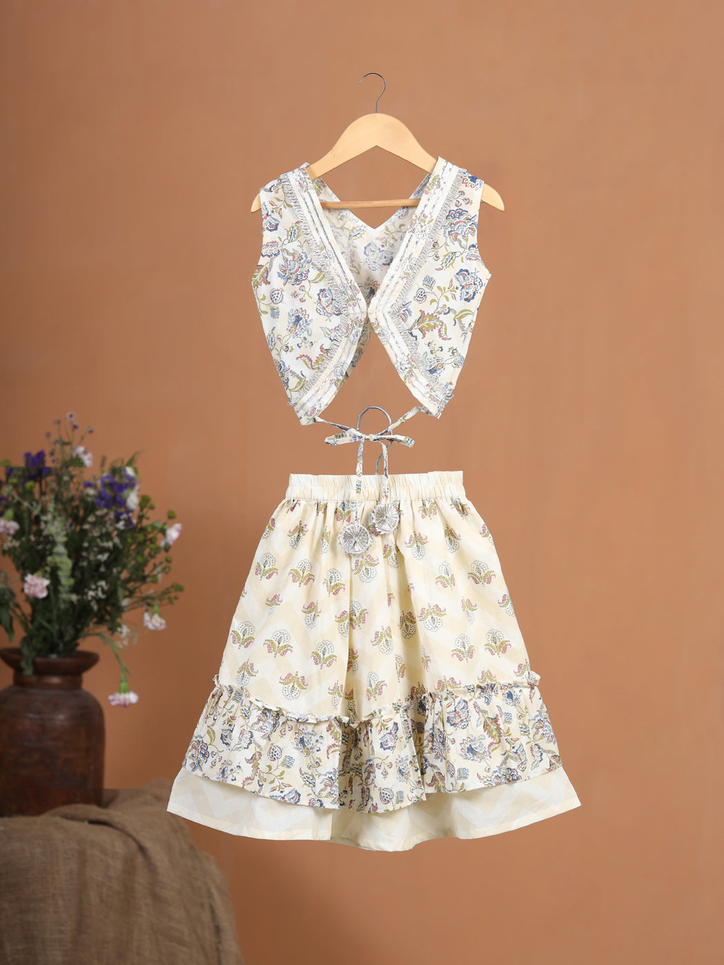 Girl Floral Skirt Set - Beige