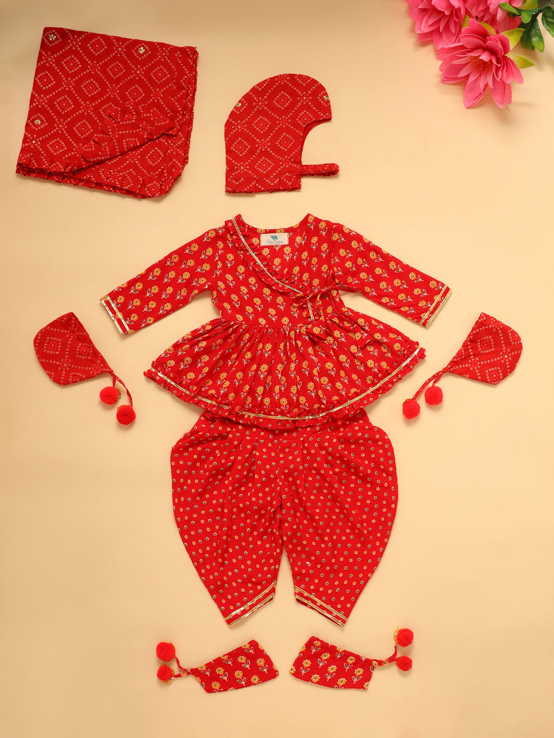 Baby Girl Floral Jamna Set - Red