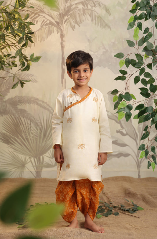 Boy Elephant Dhoti Kurta Set - Beige