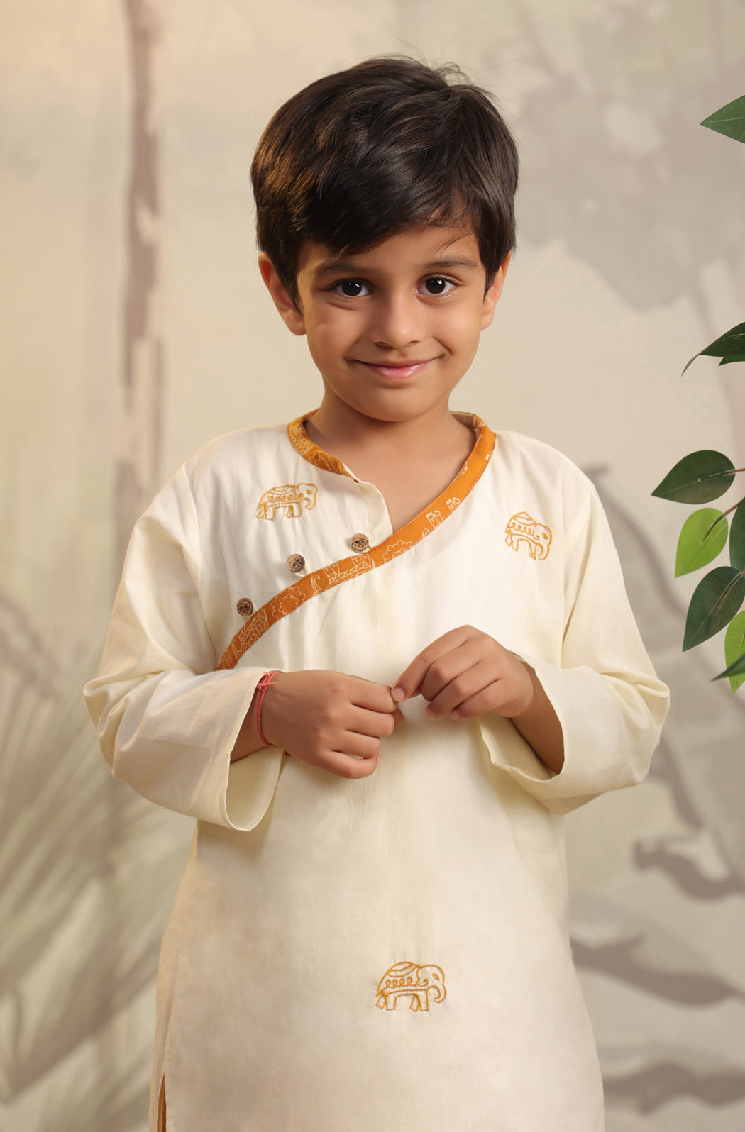 Boy Elephant Dhoti Kurta Set - Beige