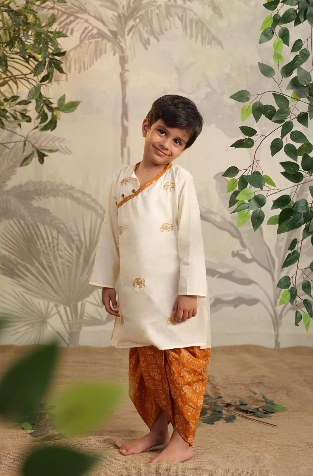 Boy Elephant Dhoti Kurta Set - Beige