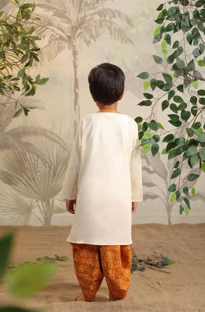 Boy Elephant Dhoti Kurta Set - Beige