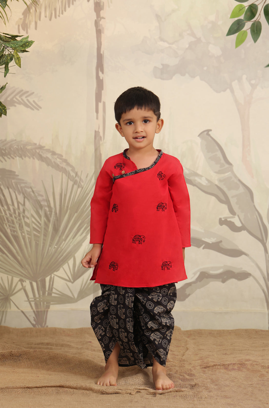 Boy Elephant Dhoti Kurta Set - Red