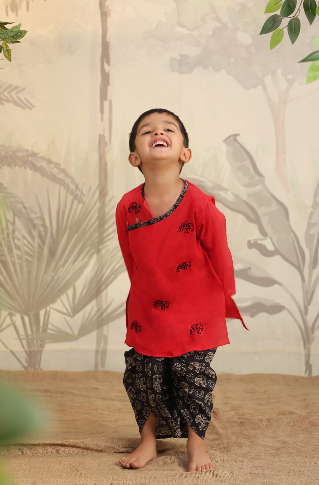 Boy Elephant Dhoti Kurta Set - Red