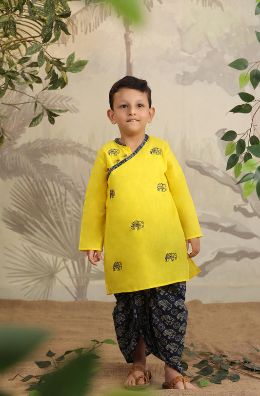 Boy Elephant Dhoti Kurta Set - Yellow