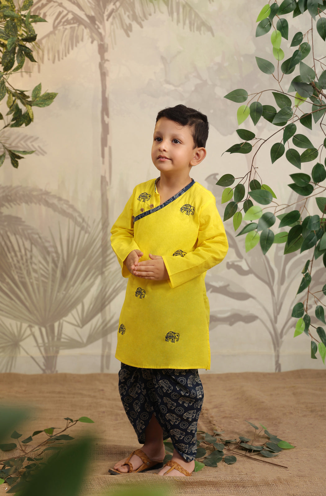 Boy Elephant Dhoti Kurta Set - Yellow