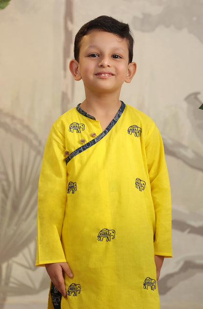 Boy Elephant Dhoti Kurta Set - Yellow